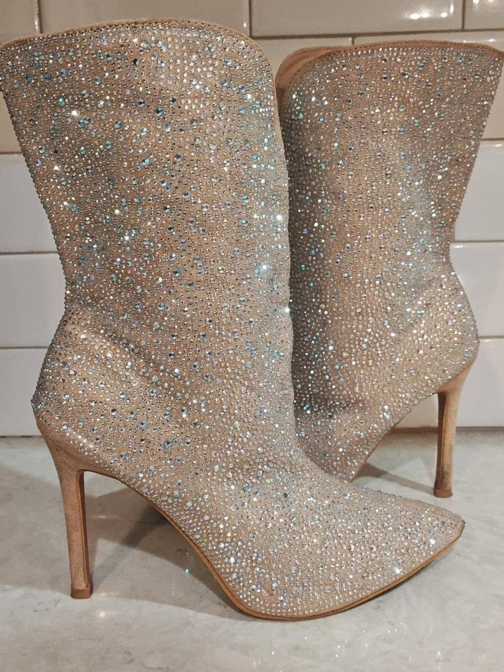 Sparkling Crystal-Embellished Women's Ankle Boots in Nude Forever Size 8
